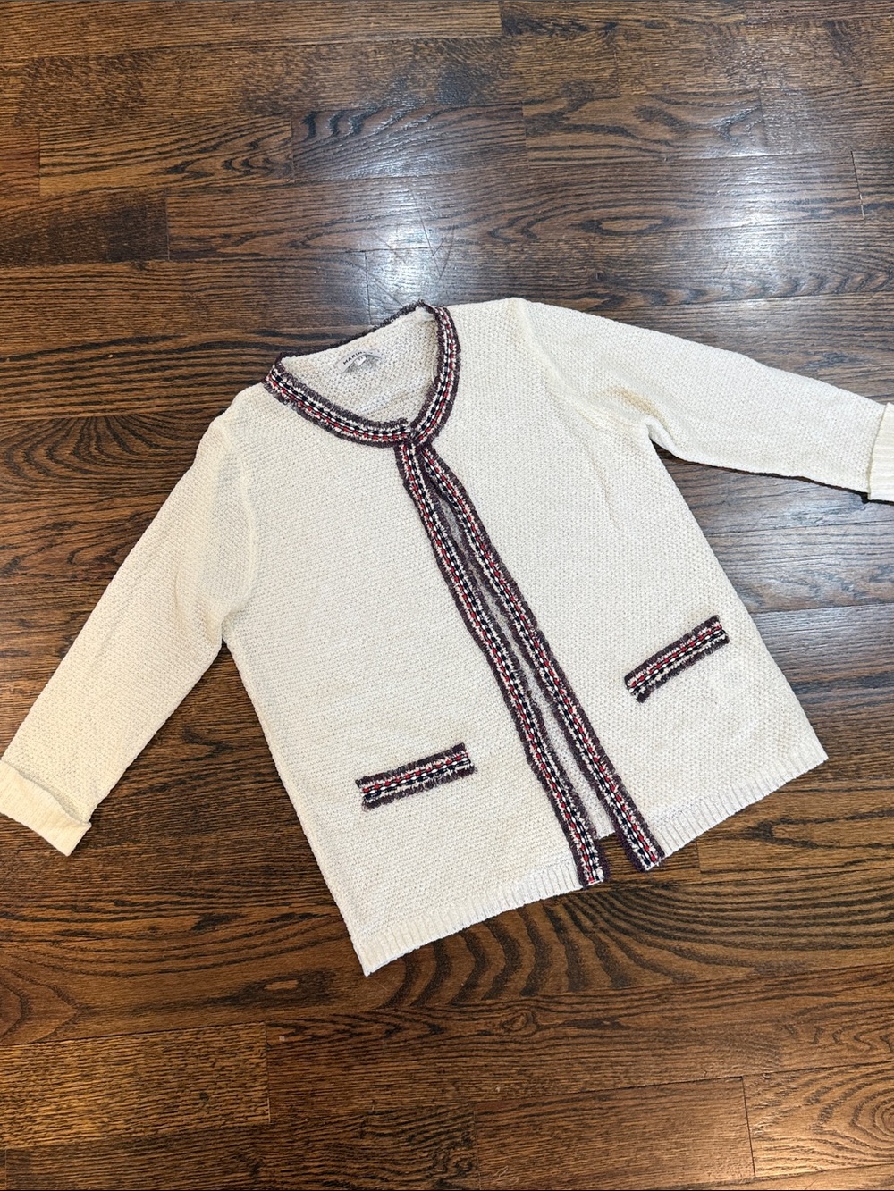 Marina V Paris Cream Lightweight Knit Cardigan Braided Tweed Red & Black Trim